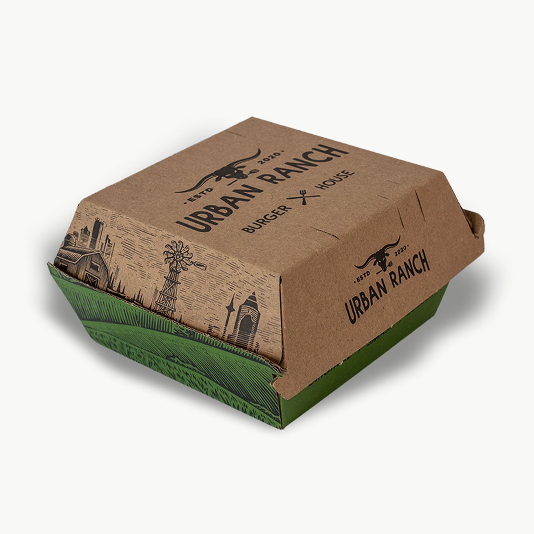 Individuell bedruckte braune Burgerbox mit eigenem Design