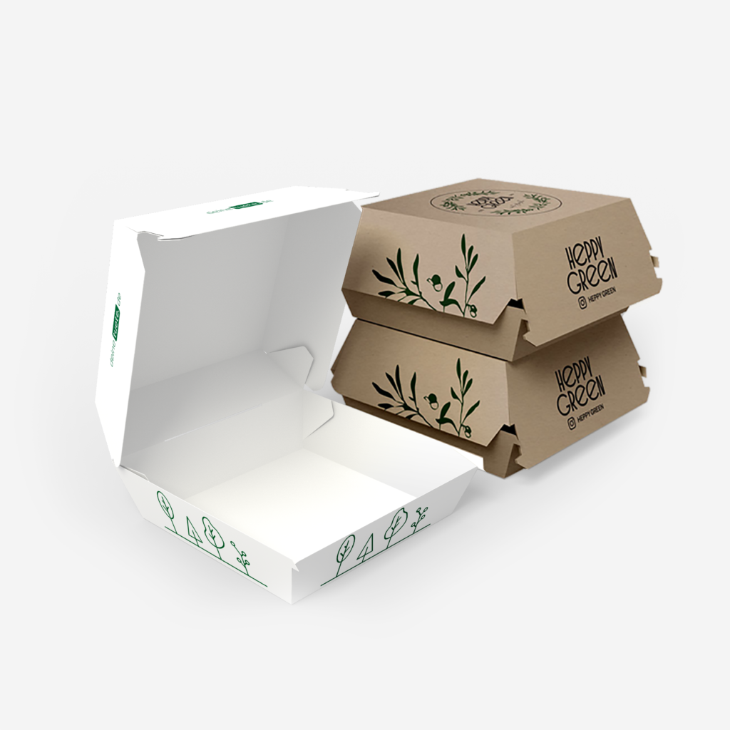 bedruckte Burgerbox aus weißem Papier und aus braunem Papier mit individuellem Aufdruck 