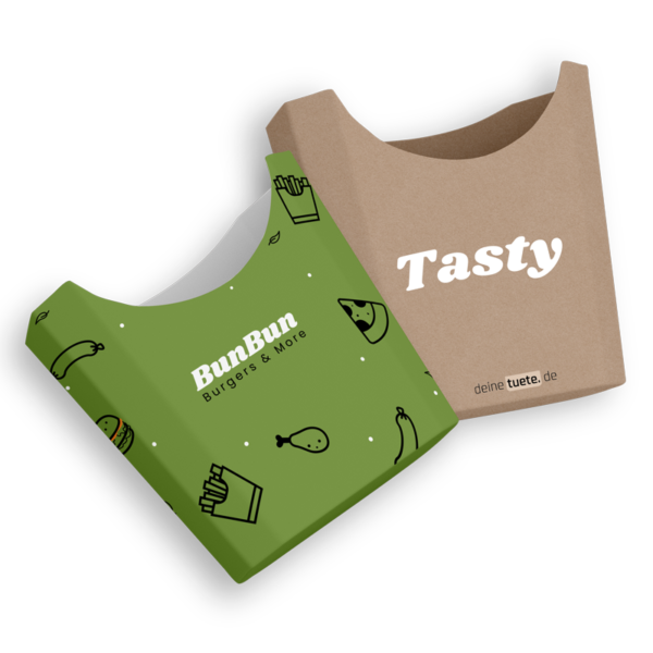 Individuell bedruckte und personalisierte Pommesschütten für deine Pommes und Snacks in zwei Designs.