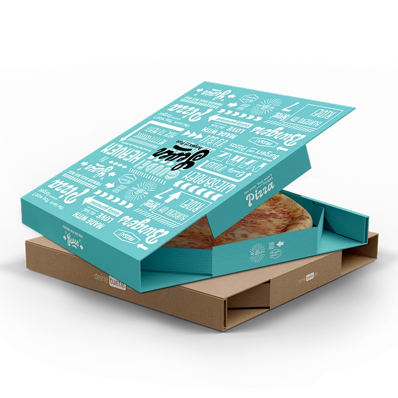 Individuell bedruckte Pizzaboxen/ Pizzakartons in blau bedruckt und in grau