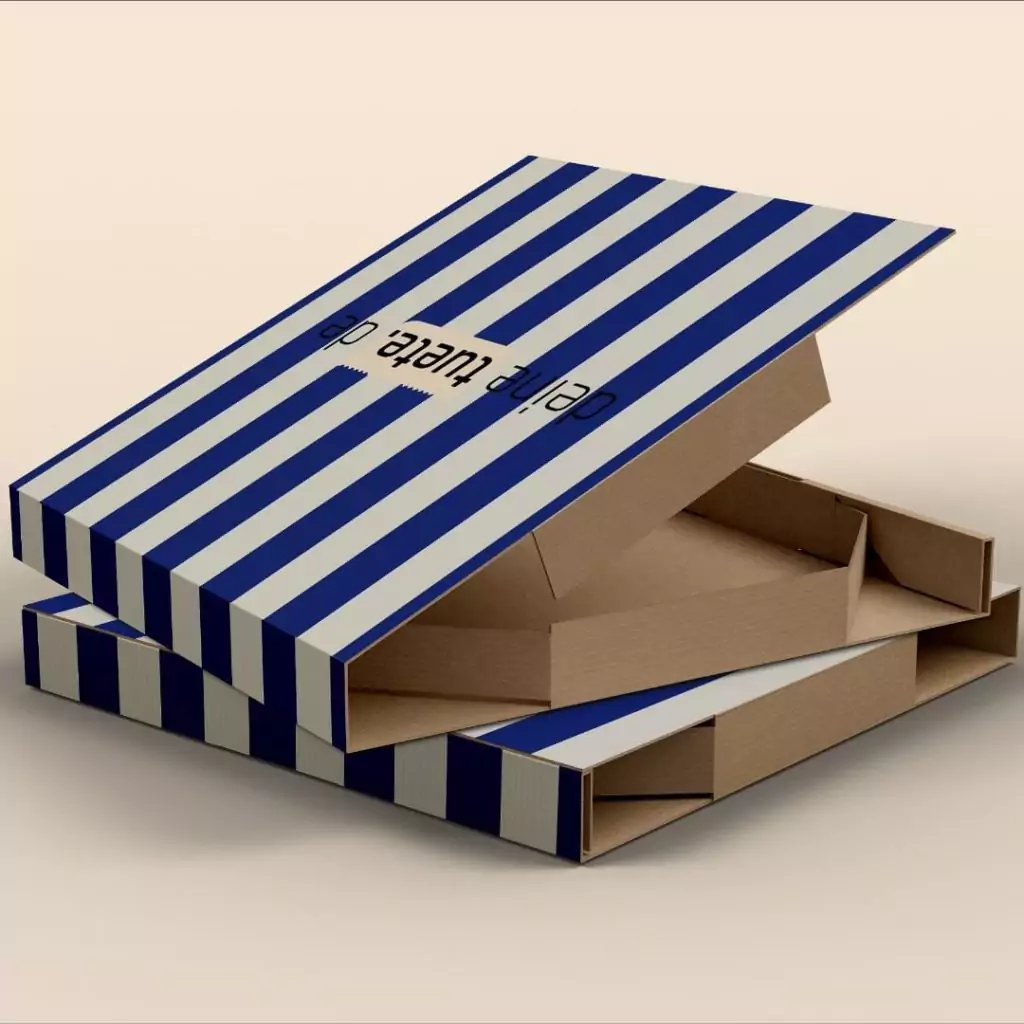 Pizzaboxen bedrucken mit blau weißem Design und Logo bei deinetuete.de