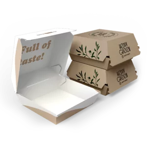 Boîte à hamburger en papier blanc et brun imprimée individuellement pour ton magasin de hamburgers