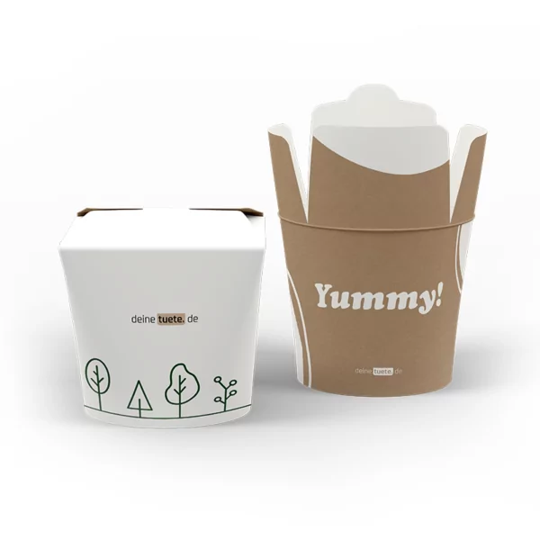 Bedruckte Nudelbox/ Dönerbox in weiß und braun mit Bäumen und Schriftzug Yummy drauf gedruckt perfekt für deinen Dönershop oder deine Restaurant