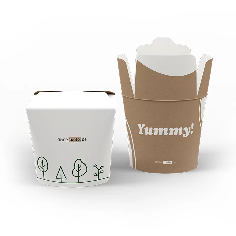 Bedruckte Nudelbox/ Dönerbox in weiß und braun mit Bäumen und Schriftzug Yummy drauf gedruckt perfekt für deinen Dönershop oder deine Restaurant