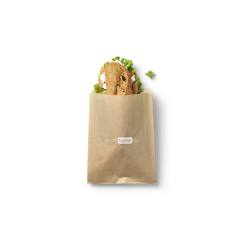 Brötchentüte mit Sandwich aus grauem Papier mit Logo drauf