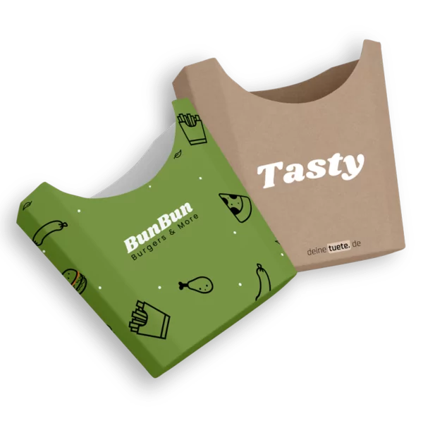 Individuell bedruckte und personalisierte Pommesschütten für deine Pommes und Snacks in zwei Designs.