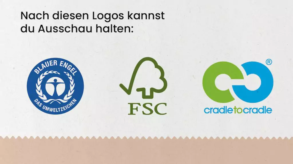 Nachhaltigkeit Siegel für Papierprodukte. Blauer Engel, FSC, cradletocradle deuten auf die nachhaltige Produktion von Papier hin
