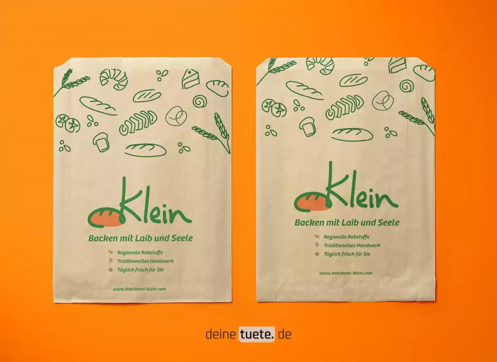 Individuell bedruckte Brötchentüten online kaufen bei deinetuete.de. Bedruckter Faltenbeutel unseres Kunden Bäckerei Klein 